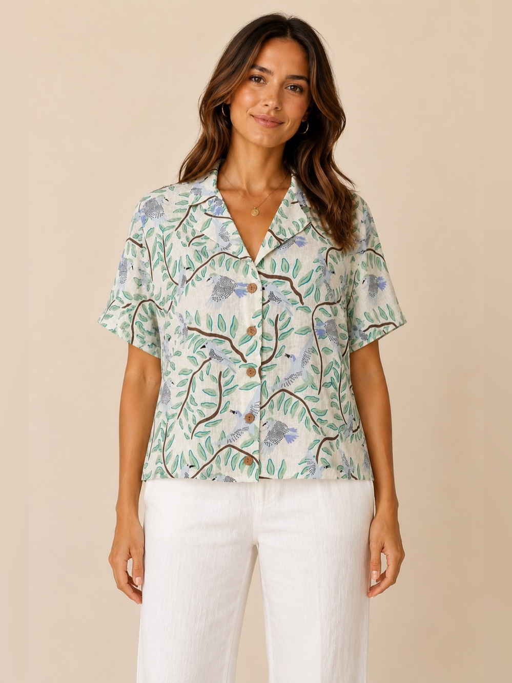 Cynthia Rowley 100% Linen Bird Botanical Leaf Camp Shirt Blouse M